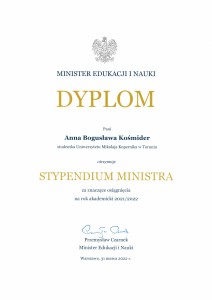 Dyplom stypendium Ministra_A Kośmider. Kliknij, aby powiększyć zdjęcie.